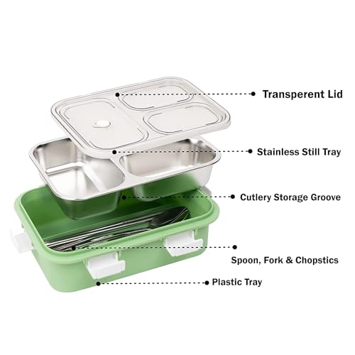 Image of Brand Conquer Lunch Box Leak-Proof BPA Free Stainless Steel for School, Lunch Box for School & Office with a Fork, a Spoon and a Pair of Chopsticks (Green, 3 Compartment)