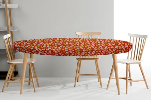 Image of The Furnishing Tree Elastic Oval Dining Table Cover WxL 42x72 in Inches Polyester Mini Floral Pattern Orage