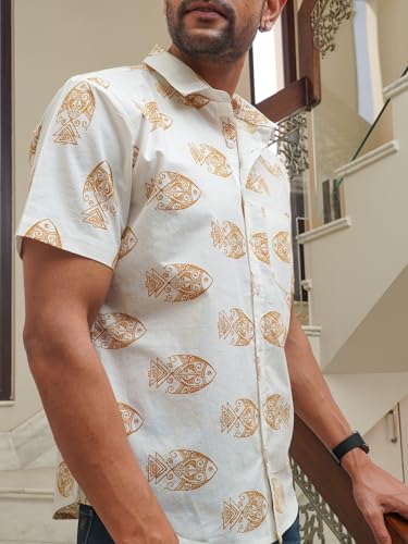 Image of Yellow Fish Print on White Cotton Shirt for Men | All-Day Casual Comfort - Breathable cotton blend fabric engineered for premium softness and durable everyday wear.