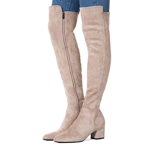 N.N.G BT-210839 Women Over The Knee Boots Cream Size 9 Low Heel Winter Suede Beige Thigh High Block Long Comfort Otk Above Knee Designer Ladies Pointed Toe Boots thumb #1