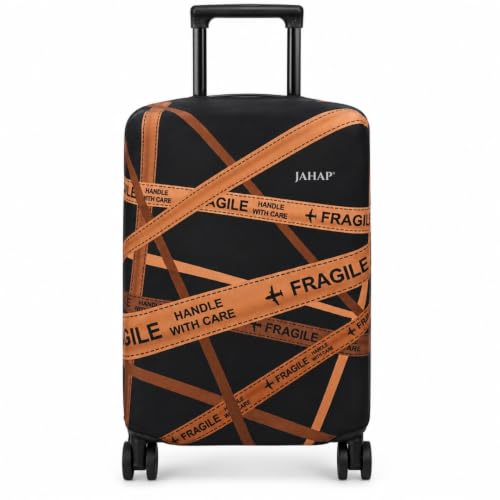 Image of JAHAP 20 Inch Luggage Cover Small | Fragile Print Stretchable Trolley Bag Cover for Suitcase | Stretchable Trolley Protector (Fits Only On Fiber /Plastic Trolley Bag)
