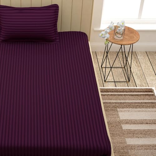 Image of Super Soft 100% Egyptian Cotton Satin Stripe Single Bedsheet with 1 Pillow Cover - Wine