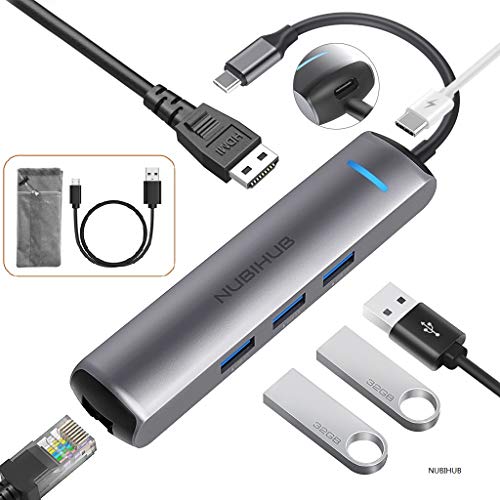Nubihub USB C Hub, Type C Hub, 6 in 1 Adapter with Pd Power Delivery, 3 USB 3.0 Ports, Ethernet Port, 4K USB C to HDMI Compatible with MacBook Pro 2016/2017/2018, Chromebook, and Other Type C Laptops