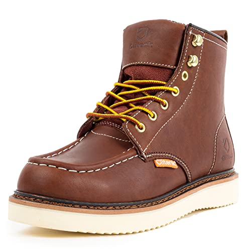 Work Boots Men MOC TOE, Soft Toe 6” Full Grain Leather Breathable Water Resistant, Non Slip Wedge Comfortable Mens Work Boots Lightweight