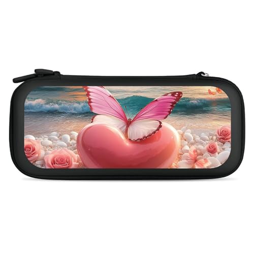Sunset Beach Heart Rose Butterflies Compatible with Switch Carrying Case Hard Travel Game Bag Pouch with 15 Games Accessories Black-style
