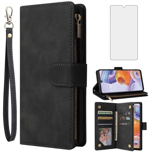 Asuwish Compatible with LG Stylo 6/Stylo6 Plus/K71 Stylus Wallet Case Tempered Glass Screen Protector and Leather Flip Cover Card Holder Cell Phone Cases for LGStylo6 6+ 6plus Style 06 Six 2020 Black