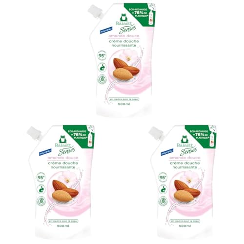 RAINETT Senses - Crème Douche Nourrissante à l'Amande Douce - 95% d'Ingrédients d'Origine Naturelle - Formule Vegan - Gel Douche pH Neutre Pour La Peau - Eco-Recharge 500 ml (Lot de 3)
