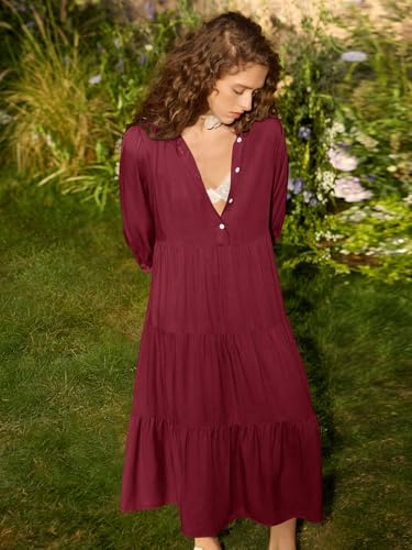 Image of Wenrine Womens Casual 3 /4 Sleeve Shirt Dress Button Down V Neck Tiered Collared Flowy Maxi Dress