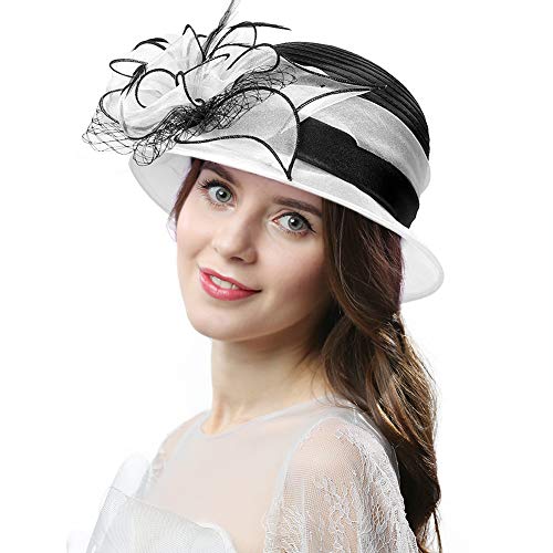 Original One Women's Cloche Bowler Hats KDC1721 for Kentucky Derby Day, Church, Wedding, Tea Party, Ascots (White/Black)