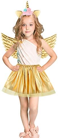 Girls Unicorn Shiny Metallic Flared Mini Skater Tutu Skirt Set wiht Unicorn Headband & Wings for Girls Unicorn Costumes