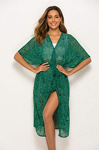 Kimonos for Women Boho Style with Belts Open Front Beach Cover-Ups Chiffon Jacket Resort Wear Beach Wear (Green, Medium)