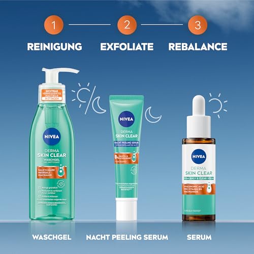 NIVEA Derma Skin Clear Rebalance & Clear Serum, Gesichtspflege für ein sichtbar verbessertes Hautbild, feuchtigkeitsspendendes Hyaluron Serum mit Niacinamid (30 ml)