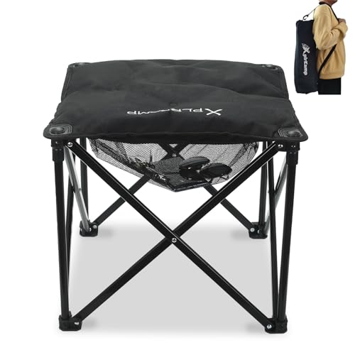 XplrKamp Padded Camping Stool 18 Inch Oversized Camping Foot Rest 500lb Outdoor Folding Camp Chair Portable Camping Ottoman for Camping Gardening w/Storage Net Carry Bag (1 Black)
