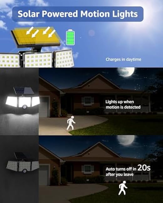 LE Solar Lights for Outside, Solar Lights Outdoor with Motion Sensor, WL4000 High Brightness, 3 Adjustable Heads 270¡ã Wide Lighting Angle, IP65 Waterproof, Wireless Wall Lamp for Yard Garage, 2 Packs