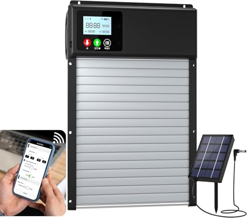 Verbesserte 3in1 Automatische Hühnerklappe Solar, WLAN-Fernbedienung, automatischer Hühnerklappe Hühnertür mit LCD-Display & Timer & Lichtsensor, elektrische Auto-Hühnertür, Aluminium Anti-Pinch