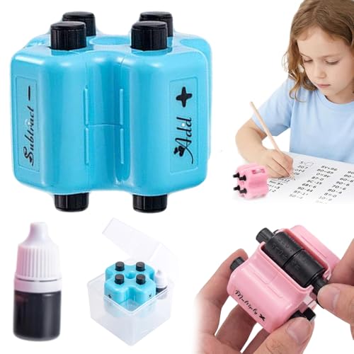 4 in 1 Math Roller Stamp Set - Addition Subtraction Multiplication Division Practice Tool Roller Digital Teaching Stamp Reusable Math Roller Stamp for Kids Preschool & Elementary Learning (Blue)