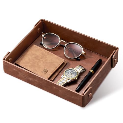 Josmimic Catch All Valet Tray - EDC Organizer for Key Wallet Watch Jewelry Phone coin change | Faux Leather Storage Tray for Dresser Nightstand Desk Entryway Travel Storage | Brown