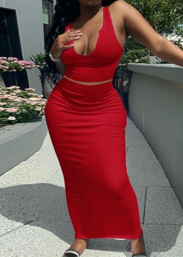 Image of Women Sexy Two Piece Skirt Outfits Long Sleeve /Sleeveless V Neck Bodycon Ribbed Knitted Maxi Club Party Dress