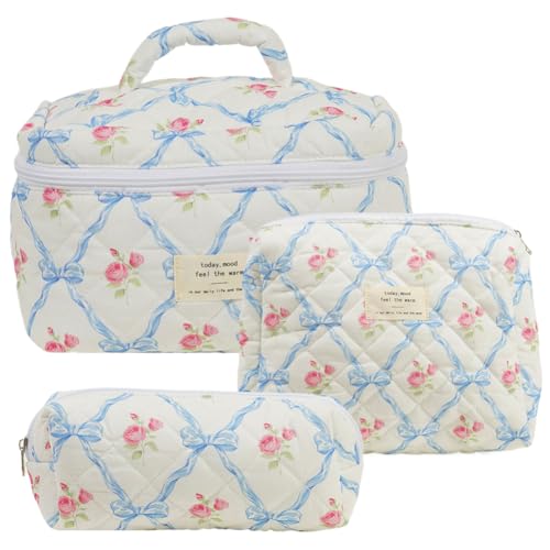 Cessfle 3PCS Cotton Quilted Makeup Bag, Blue Bow Floral Makeup bag Set Large Puffy Makeup Bag Coquette Cosmetic bag Set for Clean Girl Aesthetic Room Deco…, 9.84x6.3x6.3inch, 1rn2yr3lz4pj0ju6zk3
