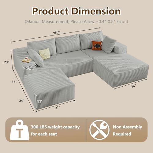 Image of 96 inch U-Shape Cloud Couch, Modern Modular Sectional L-Shape Sofa with Ottoman, Corduroy Upholstered Couches Deep Seat Chaise Longue for Living Room, No Assembly Required(Light Gray, Right Facing)