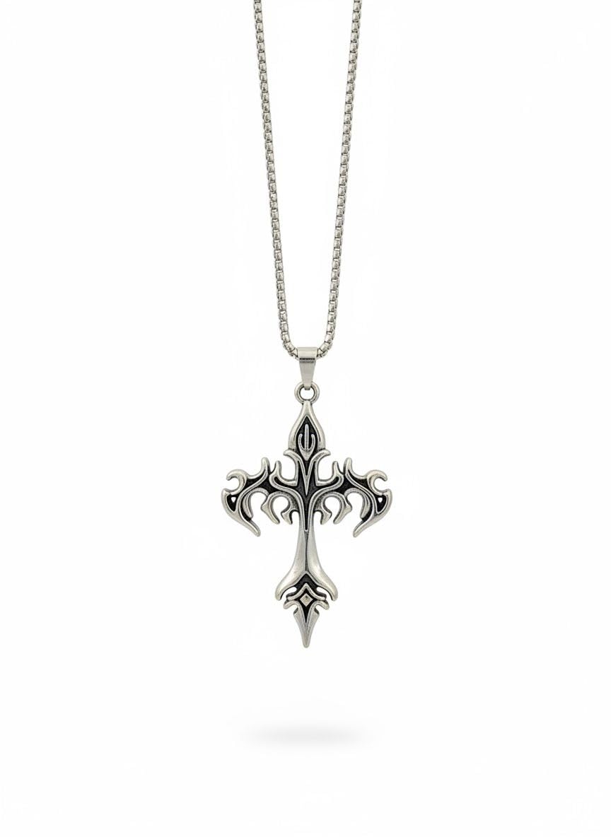Tribal Cross Pendant Necklace, Silver, Stainless Steel, Gothic Style, Box Chain-image-31