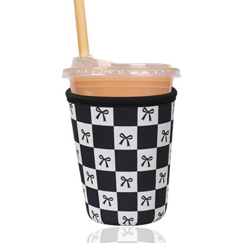 Image of Reusable Insulated Sleeve for Iced Coffee Cup, Coffee Neoprene Sleeve for Cold & Hot Drinks, Beverage Holder for Iced Coffee (Black Checkered Bows, Small: 16-18oz)