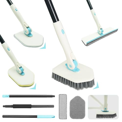 HOVIBU Badschuurmachine met houder, 4-in-1 badkamerreinigingsborstel, telescopische tegelborstel, voor badkuip, vloer, tegels, oppervlak, spleet, bank, gootsteen