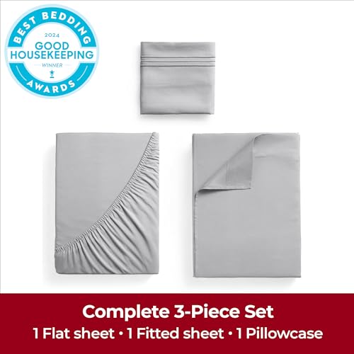 Image of Mellanni Extra Deep Twin Sheets - 3 PC Iconic Collection Bedding | Hotel Luxury, Ultra Soft, Cooling Bed Sheets - Wrinkle, Fade, Stain Resistant (Twin, Light Gray)