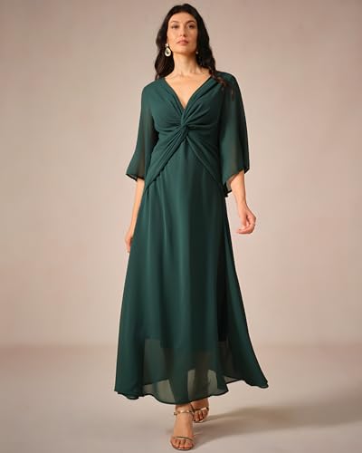 Women's Formal Cocktail Wedding Guest V Neck Long Chiffon Maxi Dresses A-Line 3/4 Sleeve Elegant Bridesmaids Dress4