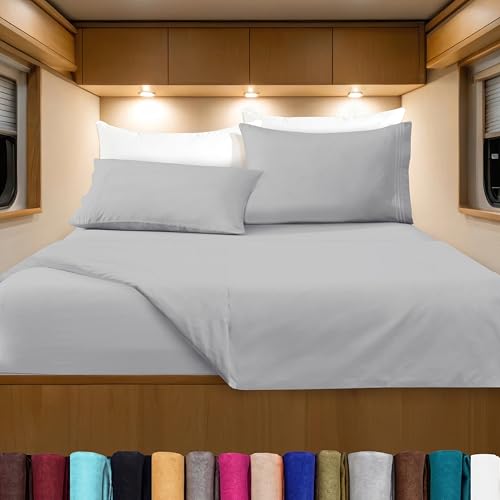 Image of Elegant Comfort Luxurious 1500 Premium Hotel Quality Microfiber Three Line Embroidered Softest 4-Piece Bed Sheet Set, Wrinkle and Fade Resistant, RV Short Queen, Silver