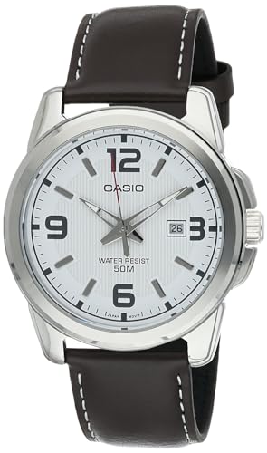 Casio MTP1314L-7AV Reloj de cuarzo de cuero marrón con esfera plateada para hombre