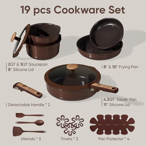 Image of CAROTE Pots and Pans Set, Ceramic Cookware Set Non Stick with Detachable Handle, RV Kitchen Cooking Set, Induction & Oven Safe, Non-Toxic, PFAS and PFOA Free, Dark Choco, 19 Pcs