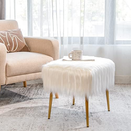 CASART Faux Fur Vanity Stool, Square Padded Comfy Footstool with Metal Legs, Plush Furry Makeup Stool Seat for Bedroom Living Room Entryway (White 51 x 41 x 45cm)