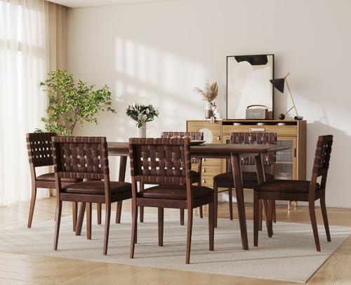 EALSON Woven Rattan Dining Chairs Set of 6 Modern Brown Leather Upholstered Kitchen Chairs with Wooden Legs Armless Accent Side Chairs for Living Room/Bedroom