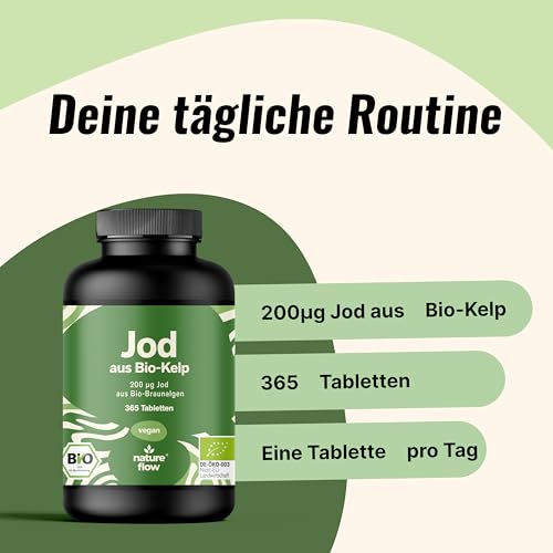 Jod Tabletten aus Bio-Kelp hochdosiert - 365 Tabletten - 200 µg Jodtabletten, vegan & produziert in Deutschland - Verpackung kann variieren