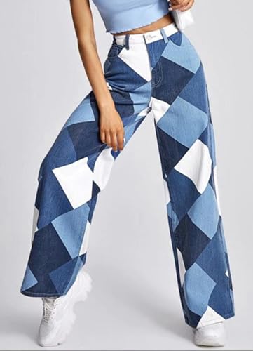 Women's High Waist Straight Wide Leg Jeans Stretchy Baggy Bootcut Geometric Print Boyfriend Denim Pants Y2K4