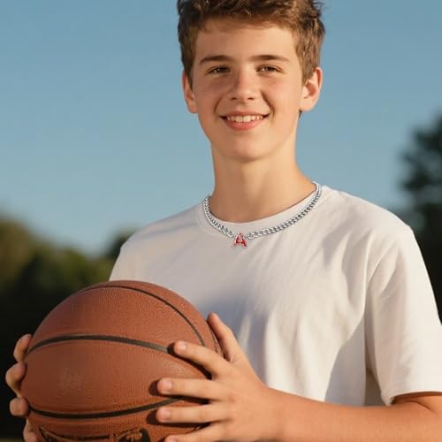 Basketball Necklaces for Boys Stainless Steel Initial Necklace with Letter A-Z 6.5mm Cuban Chain Adjustable Gifts for Men Boys 16+2 Inches