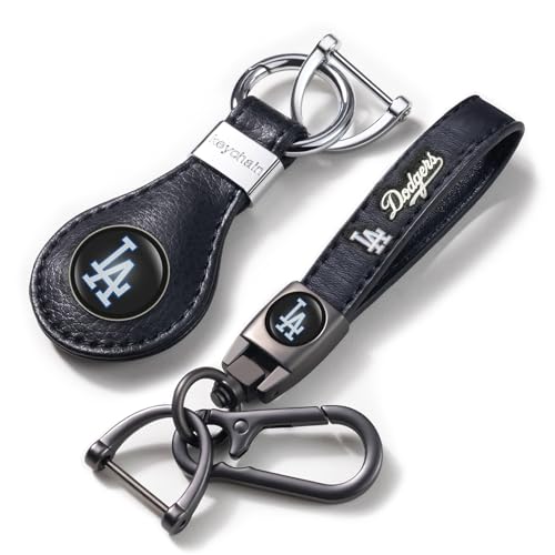 ARGUFI for MLB Los Angeles Dodgers Leather Keychain Set - 2PCS Black Leather Keyring with Team Logo Key Holder & Strap Keychain Carabiner & Split Ring for Keys LA Dodgers Gifts