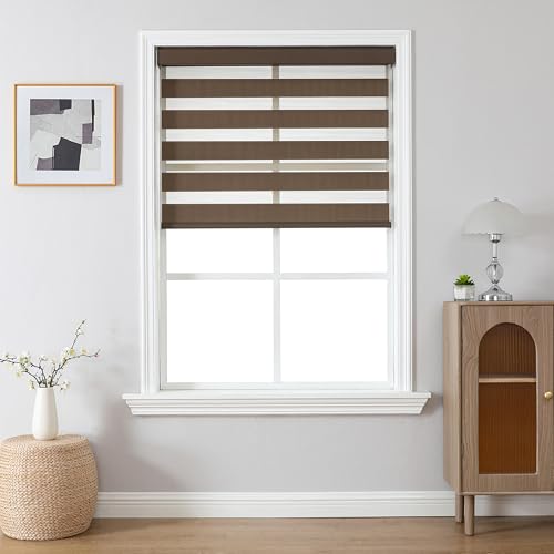 Joydeco Cordless Zebra Blinds for Windows, Dual Layer Light Control Window Blinds with Light-Proof Aluminum Cover, Free-Stop Roller Shades for Home & Office (Coffee,15" W x 48" H)