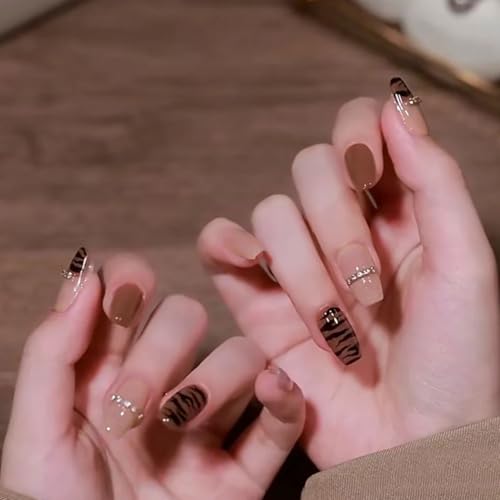 Auriselle Press on Nails Lang 24 pièces Françaises Faux Ongles Carrés Modèle de Rayures Ongles Artificiels Bruns et Roses avec la Conception de Diamants 3D, Parfait pour la Manucure à Domicile