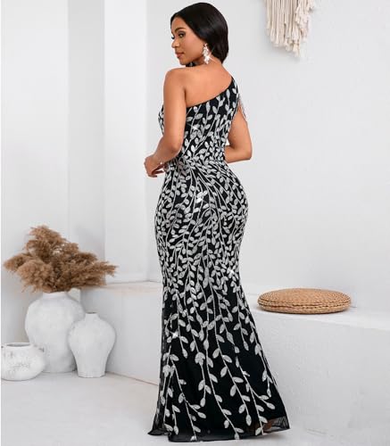 Image of Cololura Women Sequin Elegant Sexy One Shoulder Tassel Mermaid Bodycon Cocktail Evening Dress
