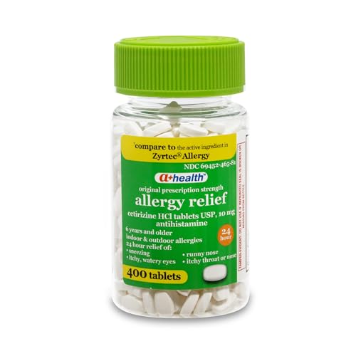 A+Health Cetirizine HCl 10mg Tablets, 24 Hour Allergy, Antihistamine, Indoor & Outdoor Allergies, Relief from Sneezing, Itchy Throat, Watery Eyes, 400 Count
