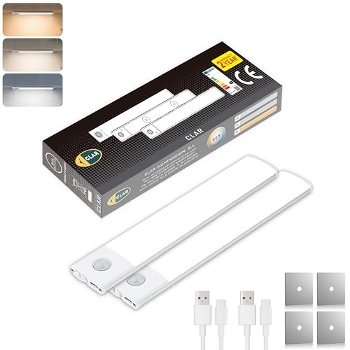 CLAR - Lámpara LED bajo mueble con detector de movimiento, inalámbrica y recargable, iluminación magnética para cocina y armario, 20 cm (pack 2)