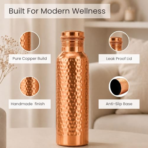 Image of Hammered Copper Water Bottle 950ml | 100% Pure Copper Tamba Jal | Handcrafted Ayurvedic Drinkware for Daily Hydration & Wellness | Leak-Proof Copper Bottle