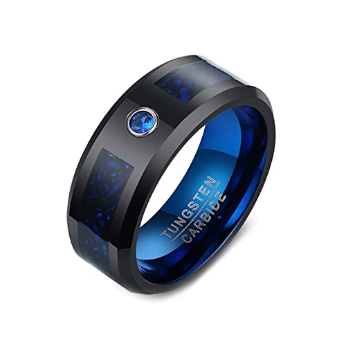 Bague tungstène anneau large zirconium bleu, alliance homme noire fantaisie 8mm