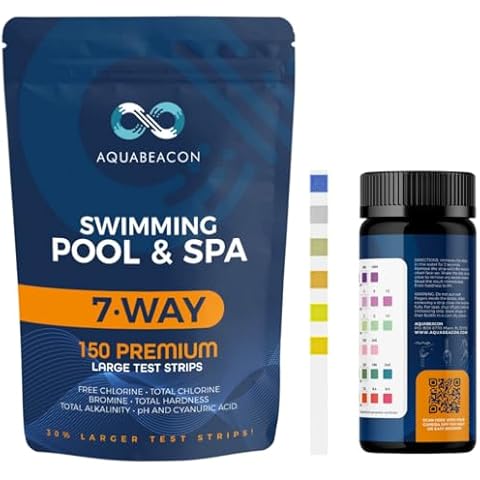 Aquabeacon Pool Test Strips - 7-Way Spa & Hot Tub Test Strips – 150PCS Premium Pool Testing Strips - Pool Water Test Strips for Alkalinity, pH, Free & Total Chlorine, Bromine, Hardness & Cyanuric Acid Cover