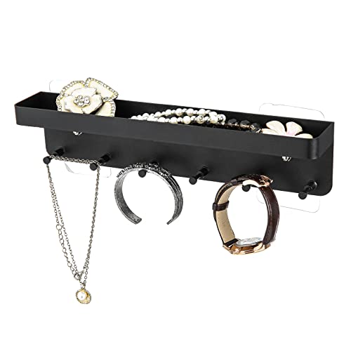 Schlüsselbrett mit Ablage, Schlüsselhalter aus Metall Schlüsselhaken selbstklebend, Wandregal mit Haken Wandgarderobe mit Ablage, Multifunktional Wandorganizer für Flur Wohnzimmer Badezimmer Küche