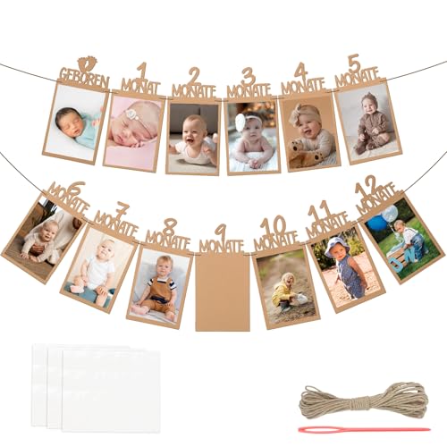 Fotogirlande 1. Geburtstag für 1 bis 12 Monate Baby Geburtstagsdeko 1 Jahr Kraftpapier Foto Banner für Mädchen Jungen Party Hängende Deko Deutsch Girlande Erstkommunion (Kraftpapierfarbe)
