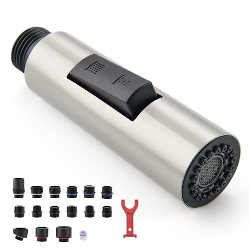 HEISOK Metal Kitchen Faucet Head Replacement, 2-Mode Pull Down Kitchen Faucet Spray Head with 15 Adapters, High Pressure Sink Sprayer Nozzle Stainless Steel, Brushed Nickel