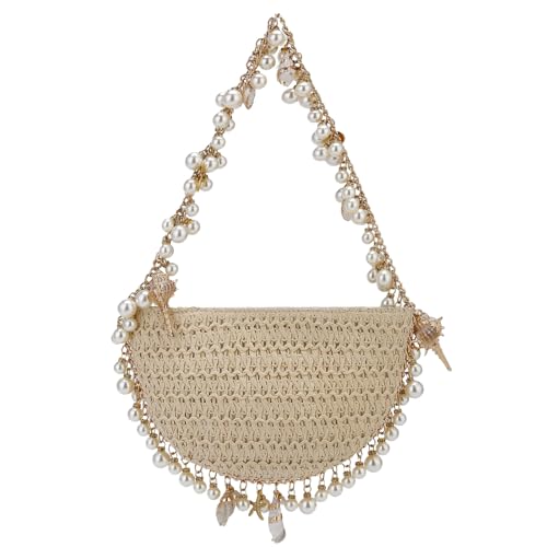 Comeon Women Straw Shoulder Handbag Pearl Conch Summer Beach Bag Chic Hand-Woven Straw Clutch Purse for Wedding Vacation